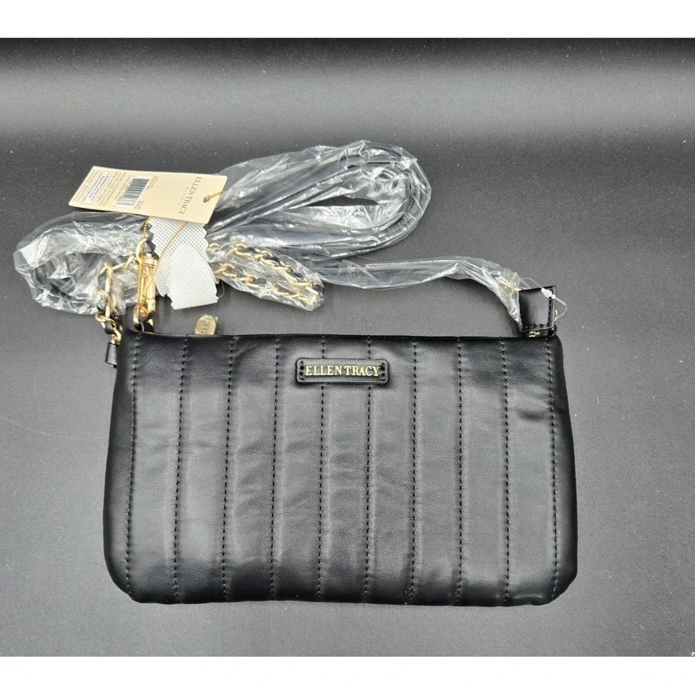 Ellen Tracy Black Quilted Wristlet Crossbody Bag Detachable Strap  NEW‎